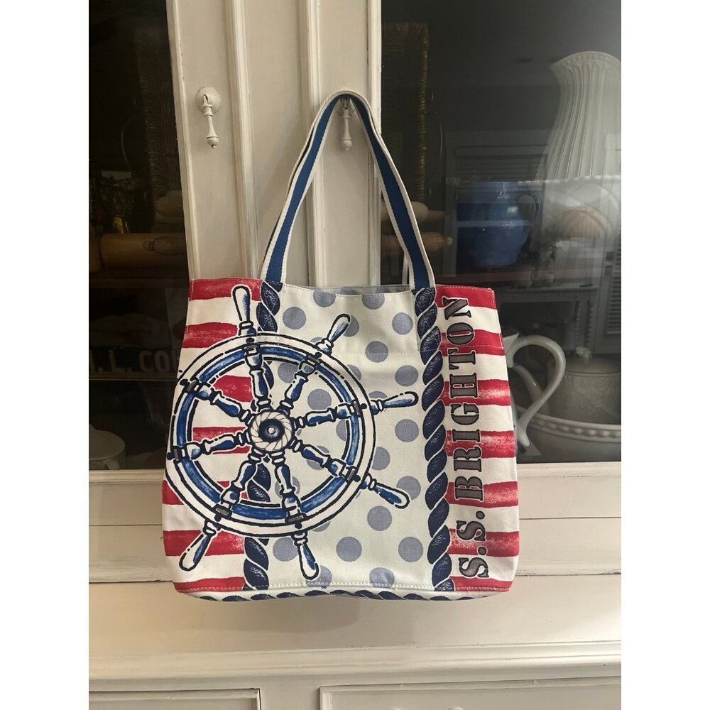 BRIGHTON Sail Away With Canvas Tote Bag Patriotic Nautical Red Blue Cream